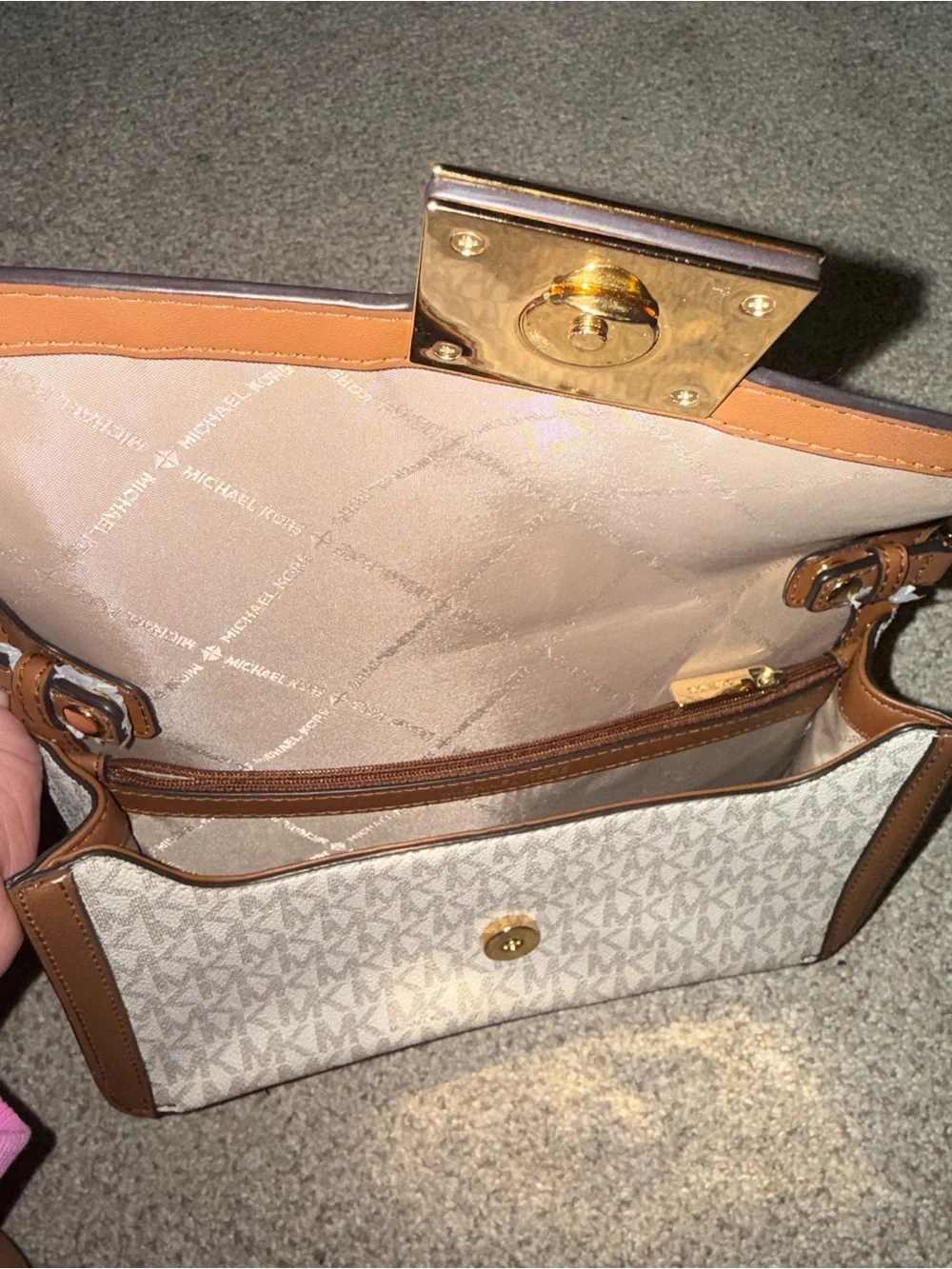 Michael Kors Cream Signature Shoulder Bag with Brown Trim and Gold Chain